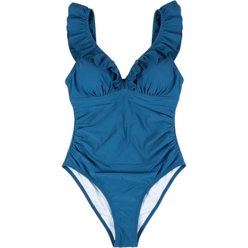 Cupshe Ruffle V-Neck One Piece Swimsuit Lace Up Back Teal Blue Large Nylon